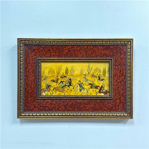 Framed Miniature Painting of a Persian Polo Match on Board