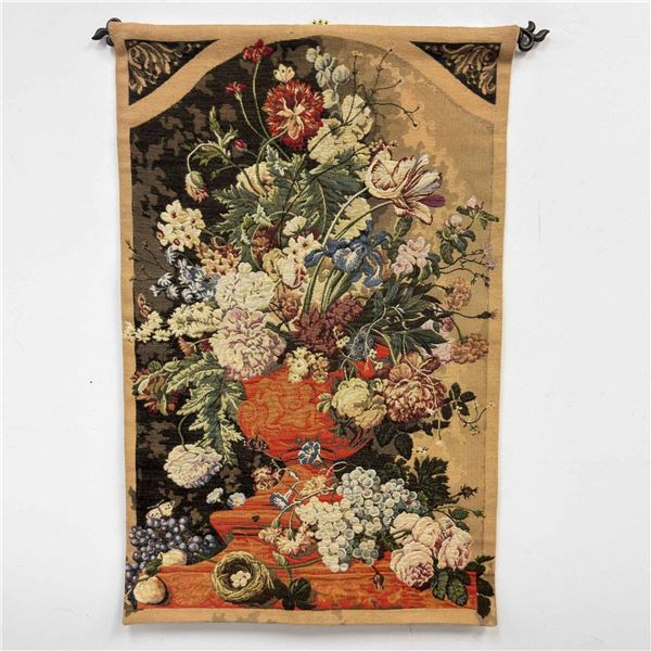 Large Jacquard Woven Floral Tapestry Wall Hanging with Metal Rod