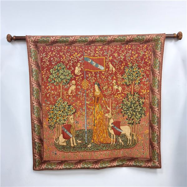 Serigraphic Tapestry Wall Hanging after the 1500s Lady and the Unicorn, Titled The Touch