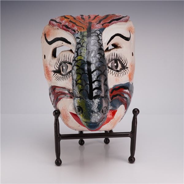 Mexican Guerrero Polychrome Hand-Carved Wood Fish Mask
