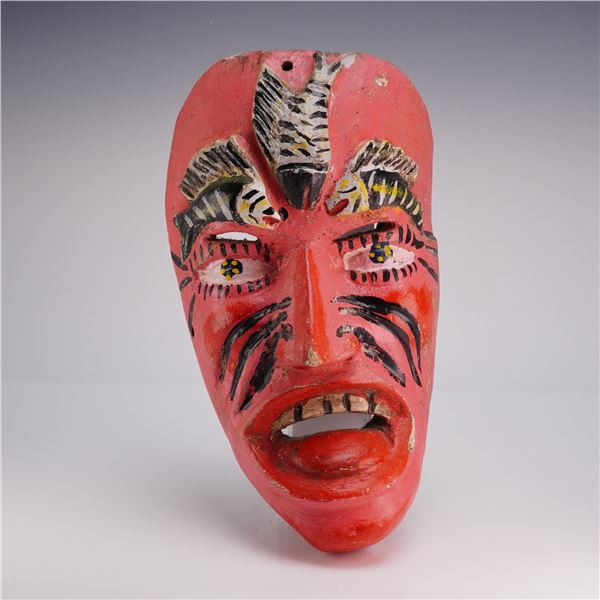 Mexican Folk Art Hand-Carved & Painted Wood Dance Mask with Fish