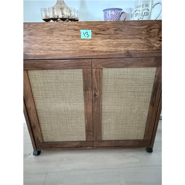 MCM BAR CART WOOD CABINET WITH WOVEN PANEL DOORS