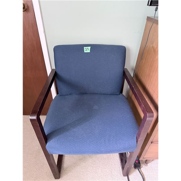 PAIR BLUE UPHOLSTERED ARMCHAIR WITH WOOD ARMS