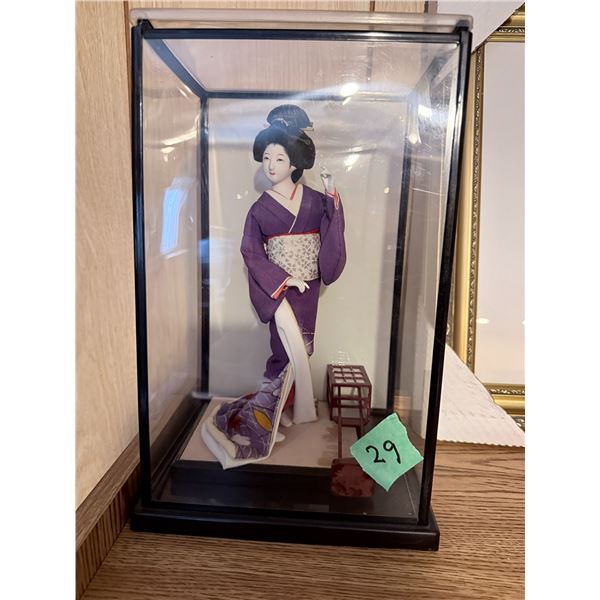 JAPANESE KIMONO DOLL IN DISPLAY CASE AND FRAMED PRINT