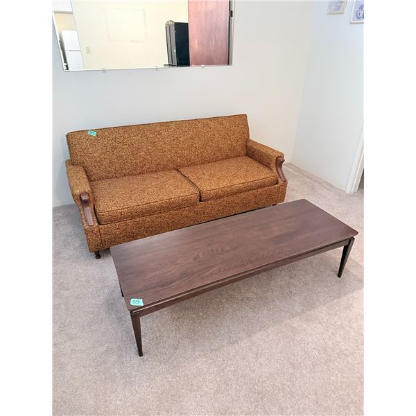MCM BROWN UPHOLSTERED SOFA AND COFFEE TABLE