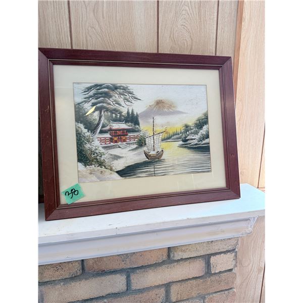 GROUP OF 3 FRAMED ART PRINTS (JAPANESE-STYLE SCENES & CAT)