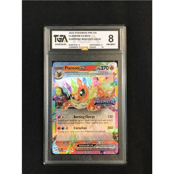2025 POKEMON PRE EN FLAREON EX SURPRISE BOX EXCLUSIVE TRADING CARD - TGA GRADE 8