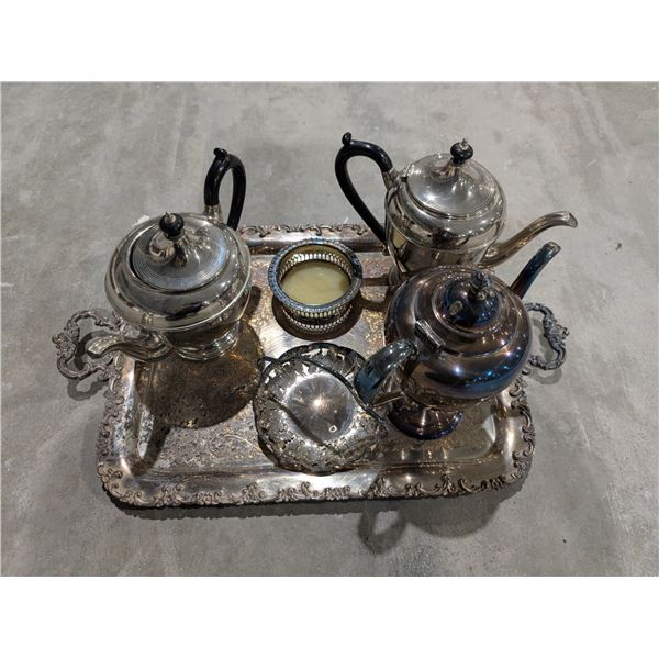 Lot of Vintage E.P. Lead Tea Pots, trays and etc.