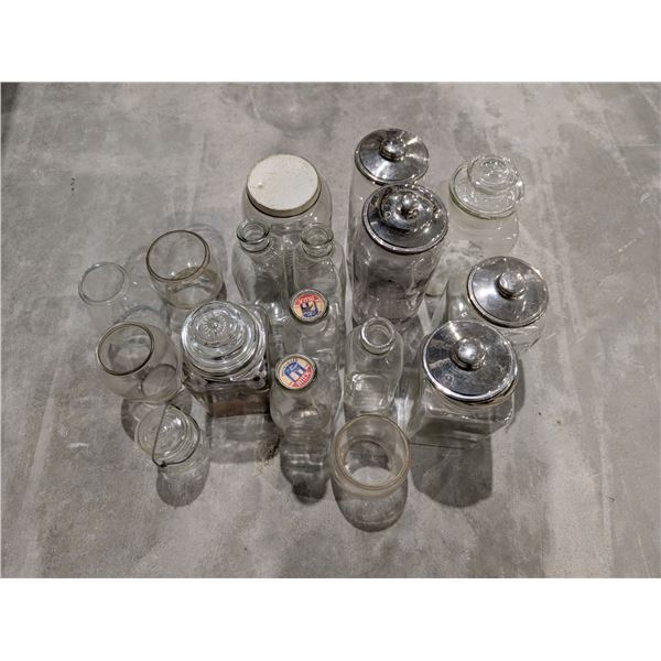 Lot of Vintage Glass jars, milk jugs, and etc.