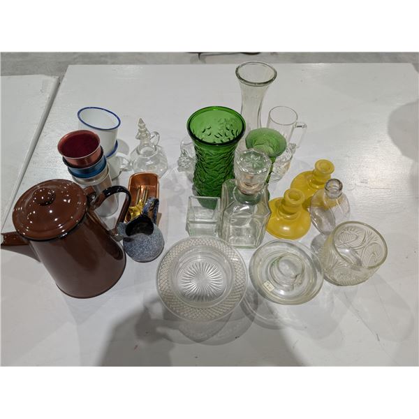 Lot of Vintage Enamel, glass, Hoosier vase, and etc.