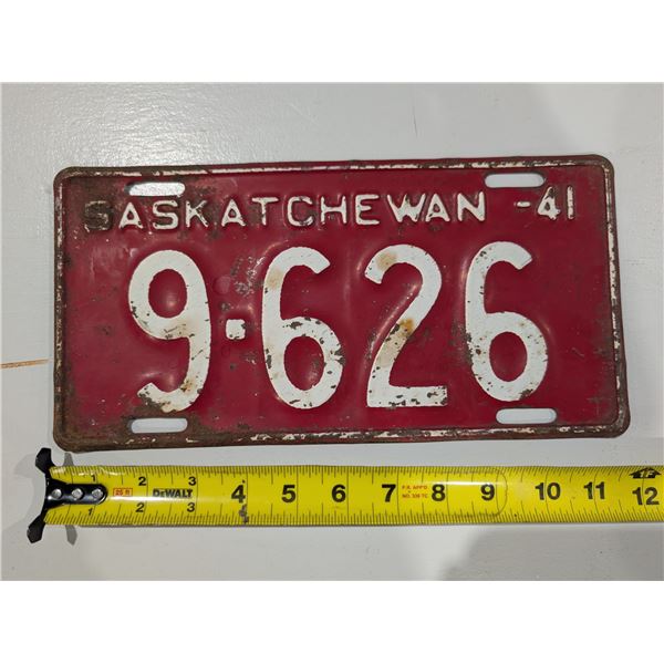 Vintage Sask License Plate 41' 9-626