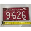 Image 1 : Vintage Sask License Plate 41' 9-626