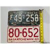 Image 1 : (2) Vintage Sask license Plates 1940 and 1956
