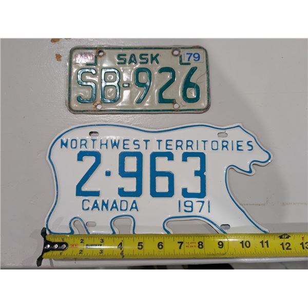 (2) Vintage License Plates (1) Northwest Territories 1971 and (1) Sask 1979