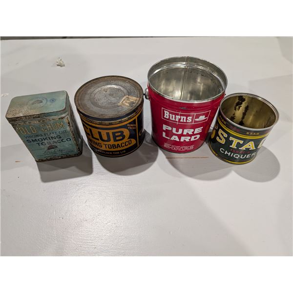 (4) Vintage Tins (Old Chum, pure Lard, Stag, Club)