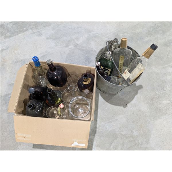 Box and Pail full of Vintage Glass Bottles As Shown