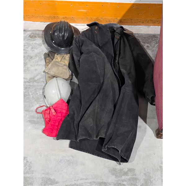 Vintage Fireman Jacket & Helmet, Gloves, Misc. Items