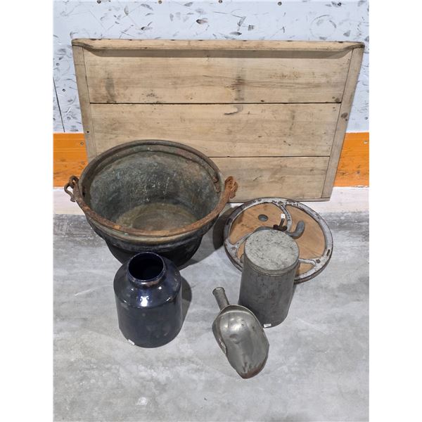 Antique Farm Lot – Large Wash/Rendering Kettle, Cobalt Stoneware Jar, Wooden Board etc.