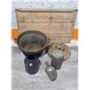 Image 1 : Antique Farm Lot – Large Wash/Rendering Kettle, Cobalt Stoneware Jar, Wooden Board etc.