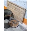 Image 2 : Antique Farm Lot – Large Wash/Rendering Kettle, Cobalt Stoneware Jar, Wooden Board etc.