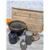 Image 3 : Antique Farm Lot – Large Wash/Rendering Kettle, Cobalt Stoneware Jar, Wooden Board etc.