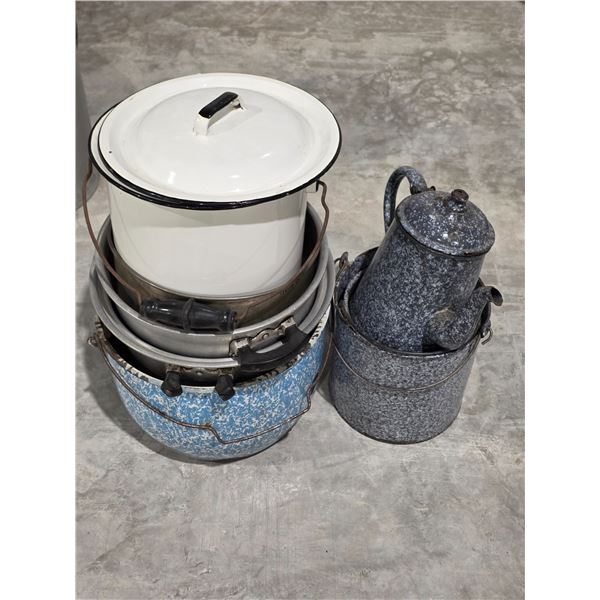 Enamelware Pots and Tea Kettle