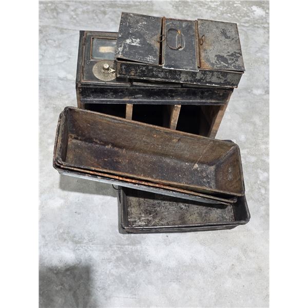 Antique Metal Cash Box, Combination Lock Post Office Boxes, Metal Baking Pans
