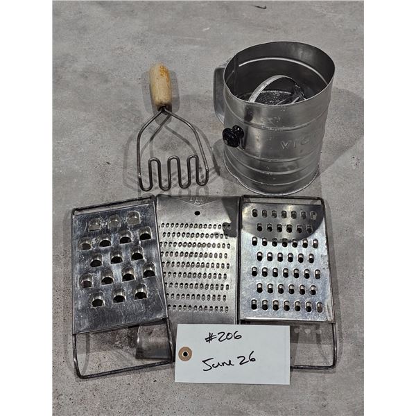 Vintage (3) Grater Set, Sifter, Hand Mixer