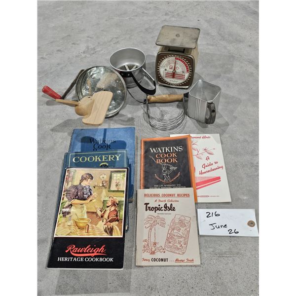Misc. Vintage Kitchen Lot inc. Cookbooks, Scale, etc.