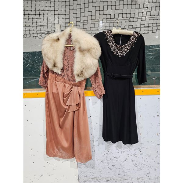 (2) Vintage Dresses, (1) Fur Stole