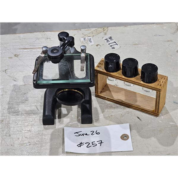 Cast Iron Microscope, Vintage Vial Bottle Holder
