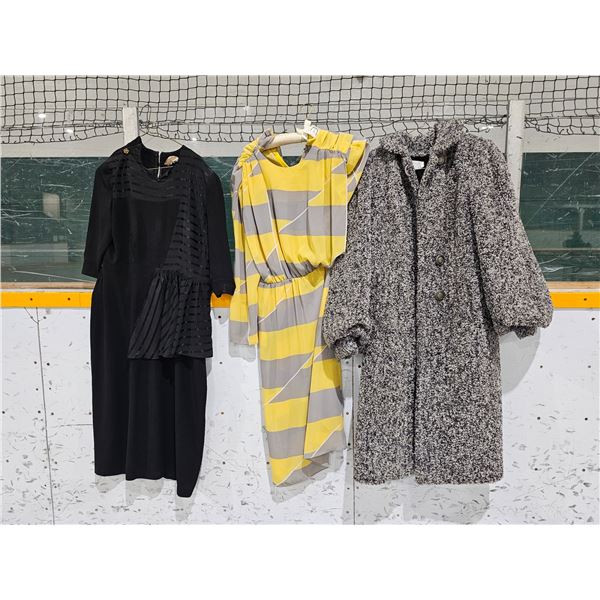 (2) Vintage Ladies Dresses, (1) Heavy Vintage Wool Coat
