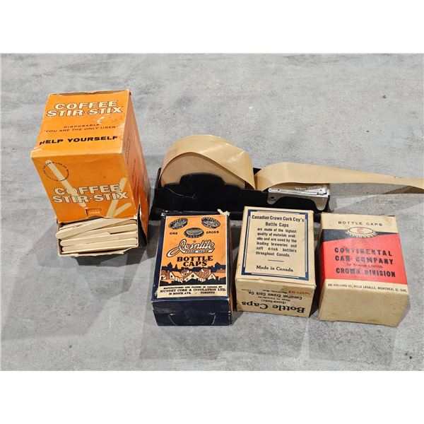 Asst. Vintage Lot inc. (3) Boxes of Cork Bottlecaps, Tape Dispenser, Coffee Stirsticks