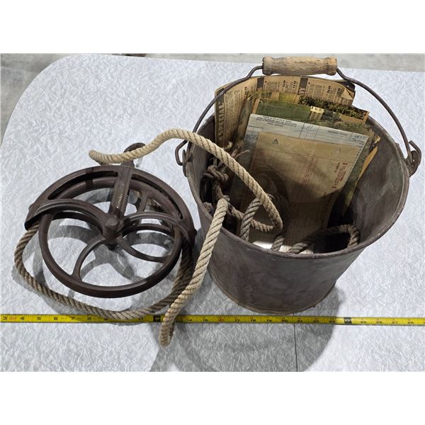Antique Bucket w/ Pulley & Rope, Papers