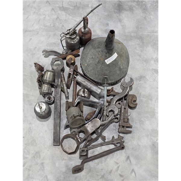 Vintage Galvanized Funnel, Oil Cans & Mixed Wrench Lot