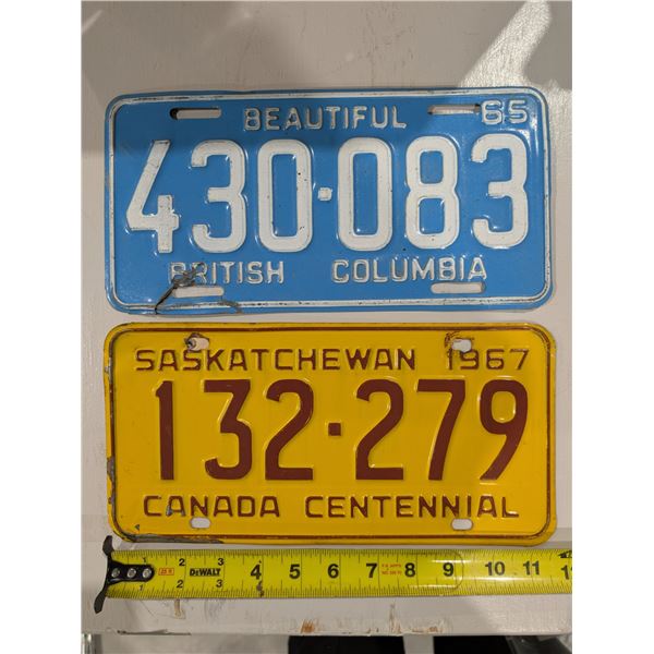 (2) Vintage Sask/BC License Plates 1965 and 1967