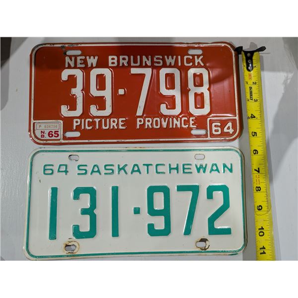 (2) Vintage Sask/New Brunswick License Plates 1964