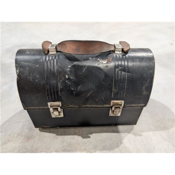 Vintage tin metal Lunch Box w/ Leather handle