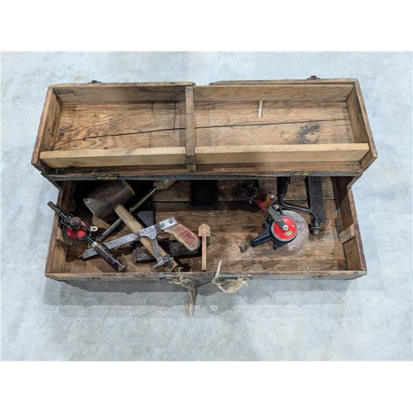 Antique Wood Storage Tool Box w/ misc. Vintage Tools As Shown