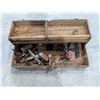 Image 1 : Antique Wood Storage Tool Box w/ misc. Vintage Tools As Shown