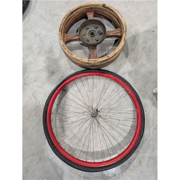 vintage wooden pulley and metal bicycle wheel