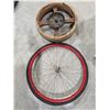 Image 1 : vintage wooden pulley and metal bicycle wheel
