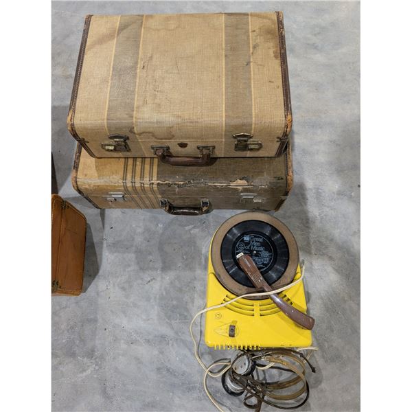 (20 Vintage Suitcases w/ Vintage Portable Vinyl Record Player and Headphones