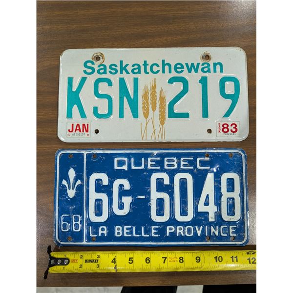 (2) Vintage Sask and Quebec License Plates 1968 and 1983