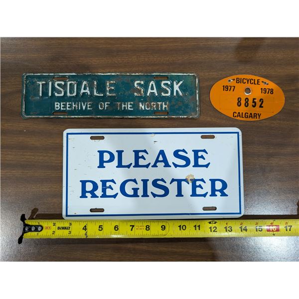 Vintage Tisdale Plate, Please Register Plate and Calgary bicycle Plate