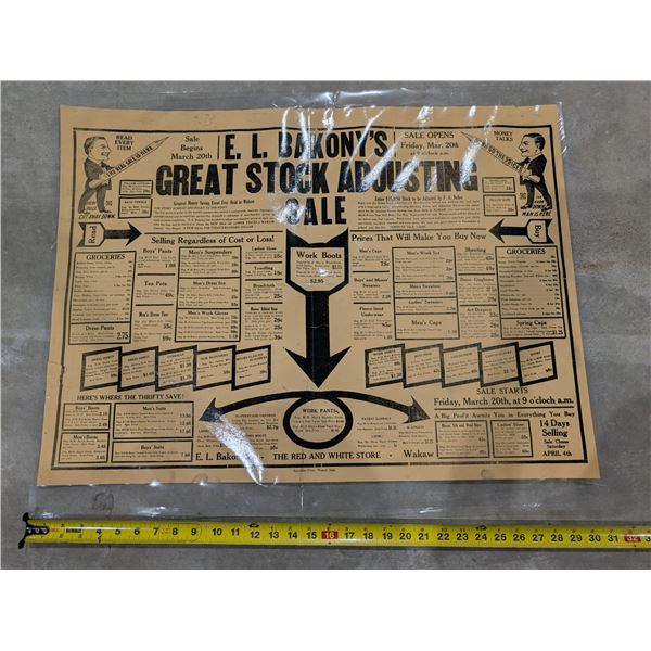 Vintage Wakaw Sask E.L Backonys Great Stock Adjusting Sale Advert Flyer