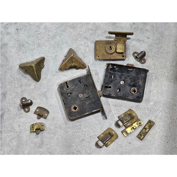 Antique Cast Iron Rim Locks & Brass Trunk Hardware Lot
