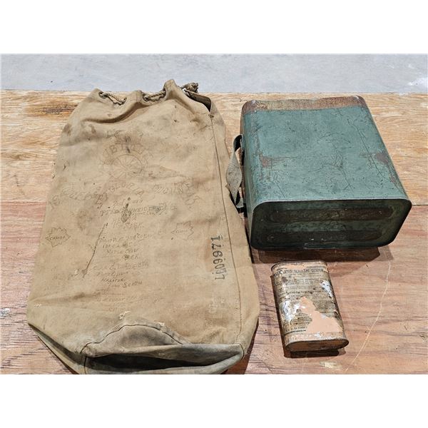 WWII Saskatchewan Military Kit Bag, Gunpowder Tin & Canister Lot