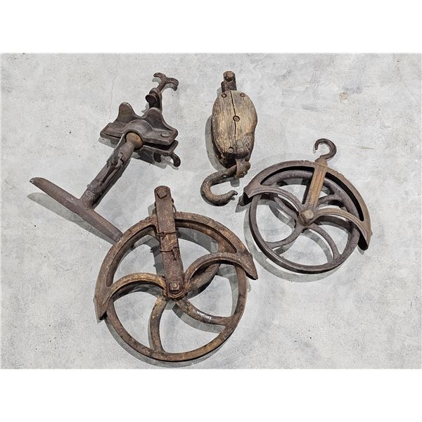 Antique Cast Iron Barn Pulleys & Wooden Block Pulley Lot