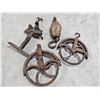 Image 1 : Antique Cast Iron Barn Pulleys & Wooden Block Pulley Lot